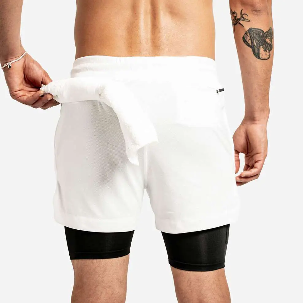 Hybrid Men's Gym Shorts with Compression Liner in White