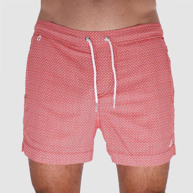 Mavericks: Men's 2 in 1 compression lined swim trunks in Geo Red 02