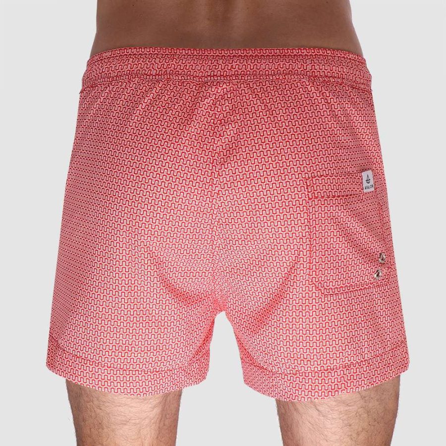 Mavericks: Men's 2 in 1 compression lined swim trunks in Geo Red 06