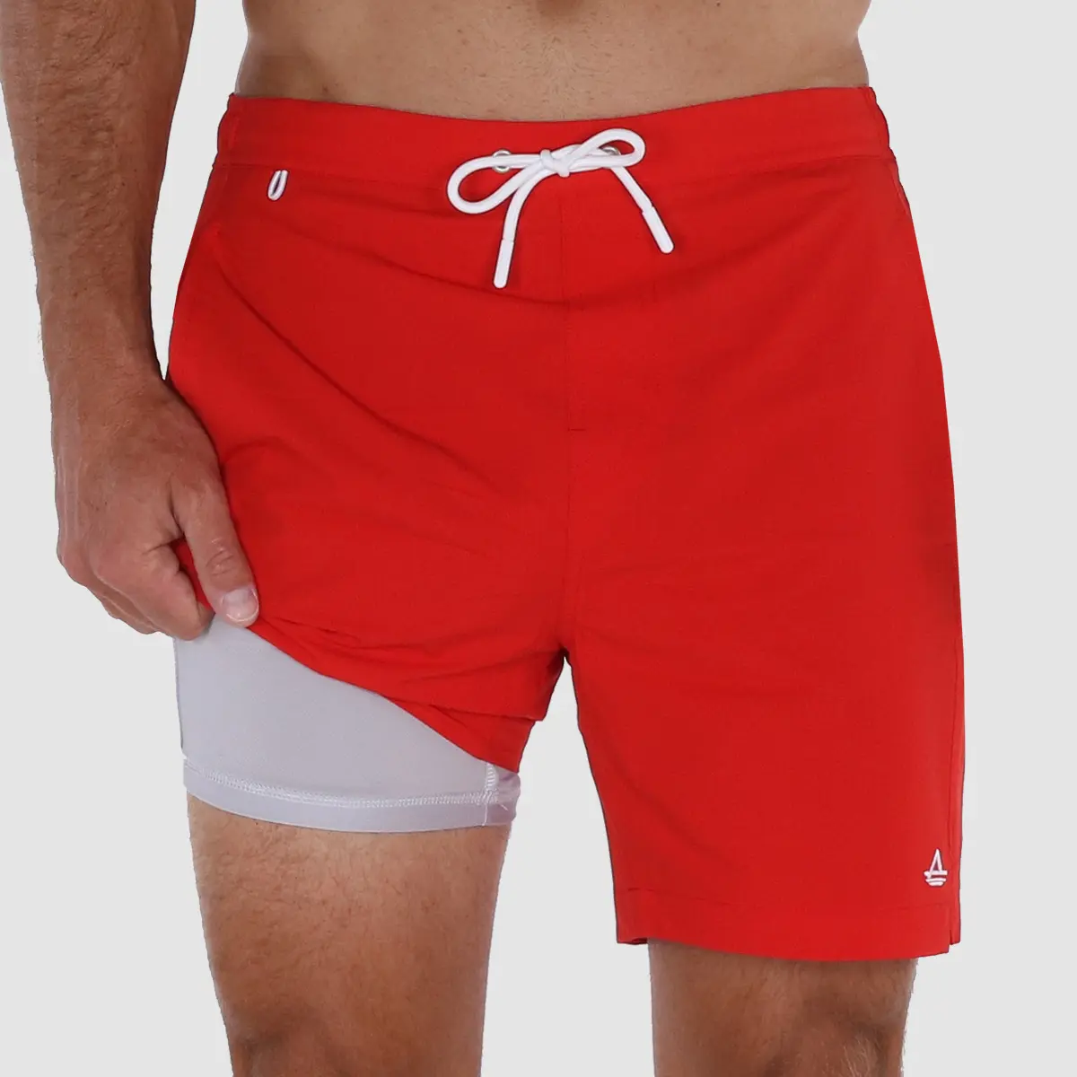 Men's 6 Inseam Swim Trunks with Compression Liner in Color Red