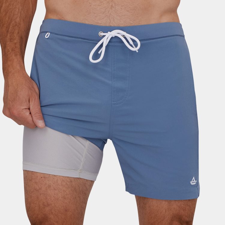 Mens Swim Trunks with Compression Liner: Stone Blue